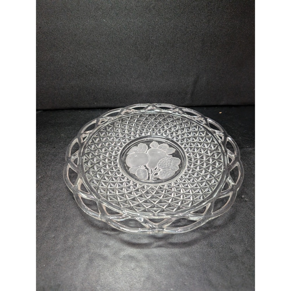 Imperial Glass Laced Rim Frosted Intaglio Rose Diamond Platter, Serving Tray